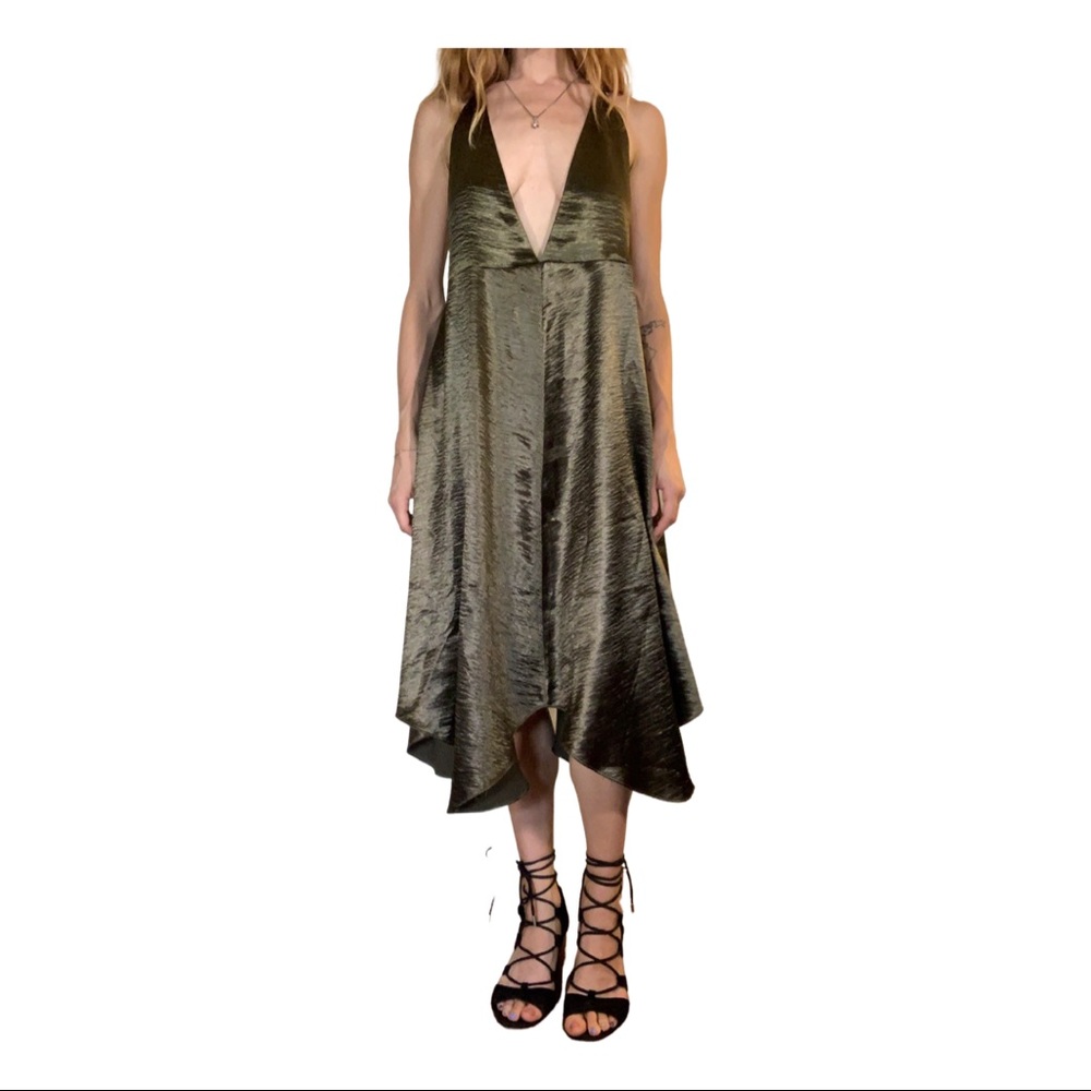 Deep-V Metallic Olive Green Midi Dress by Maeve - Picture 1 of 15